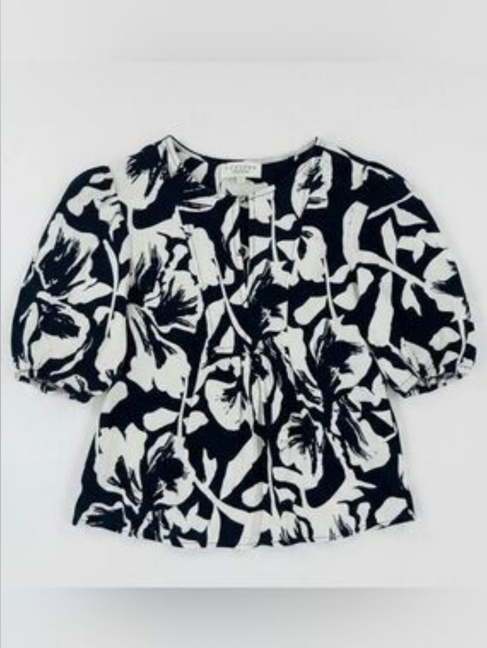 CALYPSO ST BARTH Navy & White Hibiscus Puff Sleeve Linen Blend Small Shirt